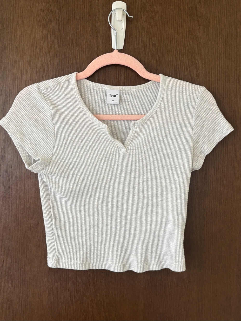 TNA hearhered grey Ribbed Notch-Neck Crop Top